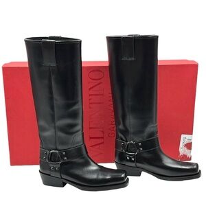 Valentino Garavani 40MM Black Leather Rockstud Biker Boots Size 10.5